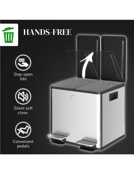 HOMCOM 30L Dual Compartment Stainless Steel Bin, with Deodoriser Holders - Silver Tone