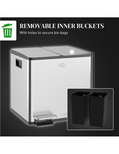 HOMCOM 30L Dual Compartment Stainless Steel Bin, with Deodoriser Holders - Silver Tone