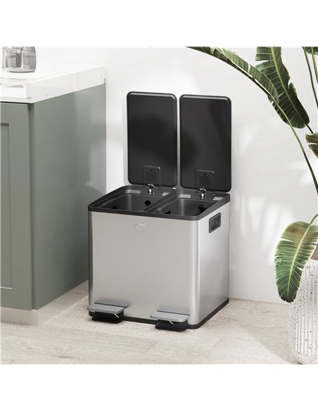 HOMCOM 30L Dual Compartment Stainless Steel Bin, with Deodoriser Holders - Silver Tone