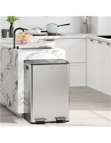 HOMCOM 56L Dual Compartment Stainless Steel Bin, with Deodoriser Holders - Silver Tone