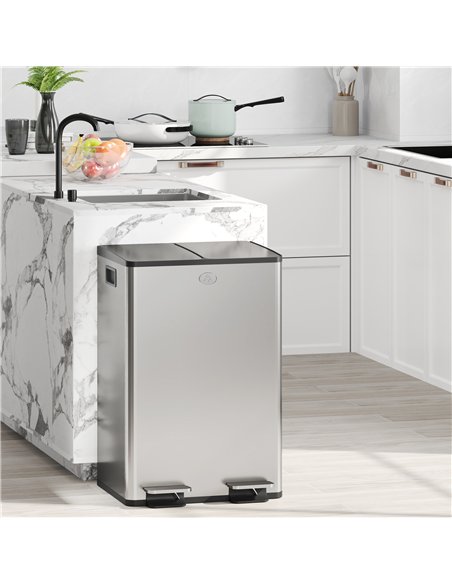HOMCOM 56L Dual Compartment Stainless Steel Bin, with Deodoriser Holders - Silver Tone