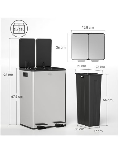 HOMCOM 56L Dual Compartment Stainless Steel Bin, with Deodoriser Holders - Silver Tone