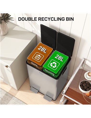 HOMCOM 56L Dual Compartment Stainless Steel Bin, with Deodoriser Holders - Silver Tone