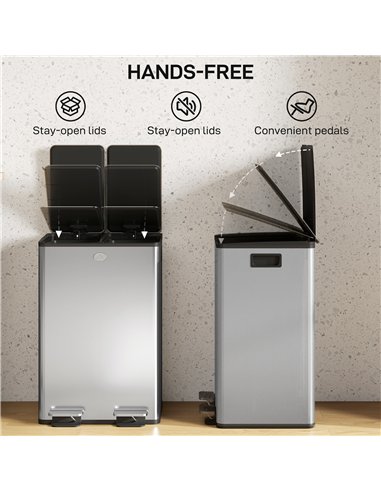 HOMCOM 56L Dual Compartment Stainless Steel Bin, with Deodoriser Holders - Silver Tone