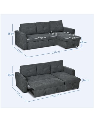 HOMCOM 3 Seater Sofa Bed, L Shaped Pull Out Sofa Bed with Storage, Convertible Click Clack Settee Sectional Sleeper Futon for Li