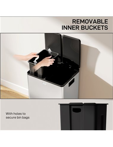 HOMCOM 56L Dual Compartment Stainless Steel Bin, with Deodoriser Holders - Silver Tone