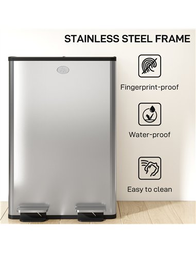 HOMCOM 56L Dual Compartment Stainless Steel Bin, with Deodoriser Holders - Silver Tone