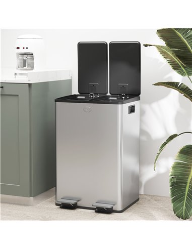HOMCOM 56L Dual Compartment Stainless Steel Bin, with Deodoriser Holders - Silver Tone