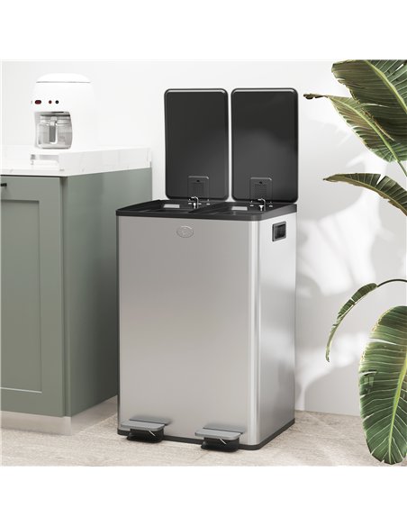 HOMCOM 56L Dual Compartment Stainless Steel Bin, with Deodoriser Holders - Silver Tone