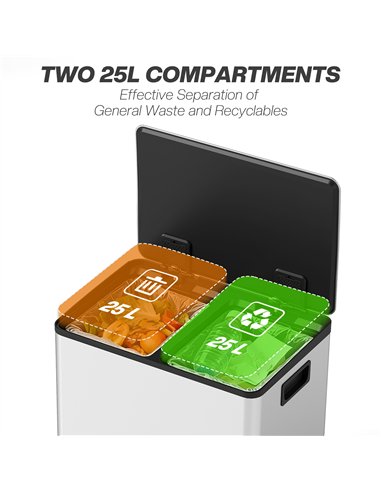 HOMCOM 50L Dual Compartment Stainless Steel Bin, with Deodoriser Holders - Silver