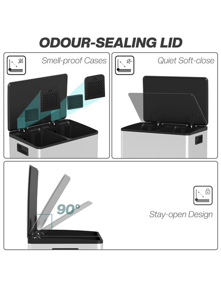 HOMCOM 50L Dual Compartment Stainless Steel Bin, with Deodoriser Holders - Silver