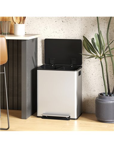 HOMCOM 50L Dual Compartment Stainless Steel Bin, with Deodoriser Holders - Silver