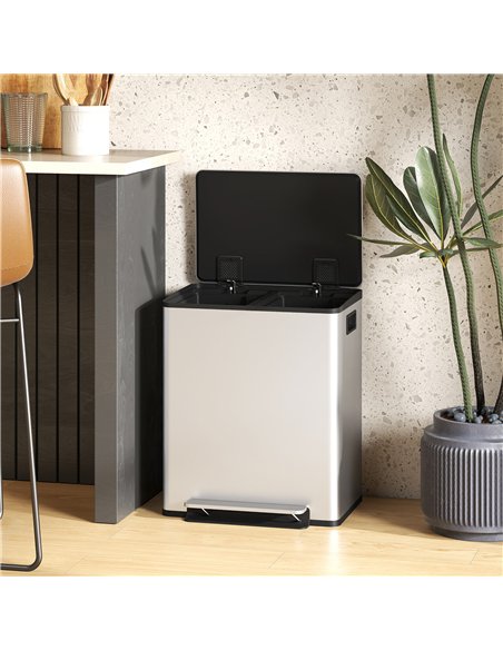 HOMCOM 50L Dual Compartment Stainless Steel Bin, with Deodoriser Holders - Silver