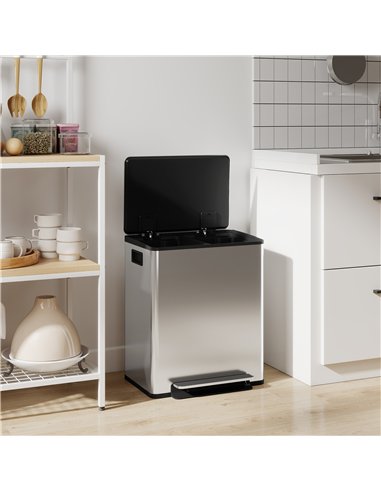 HOMCOM 50L Dual Compartment Stainless Steel Bin, with Deodoriser Holders - Silver