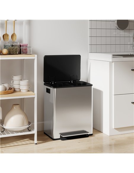 HOMCOM 50L Dual Compartment Stainless Steel Bin, with Deodoriser Holders - Silver