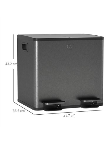 HOMCOM 30L Dual Compartment Stainless Steel Bin, with Deodoriser Holders - Black