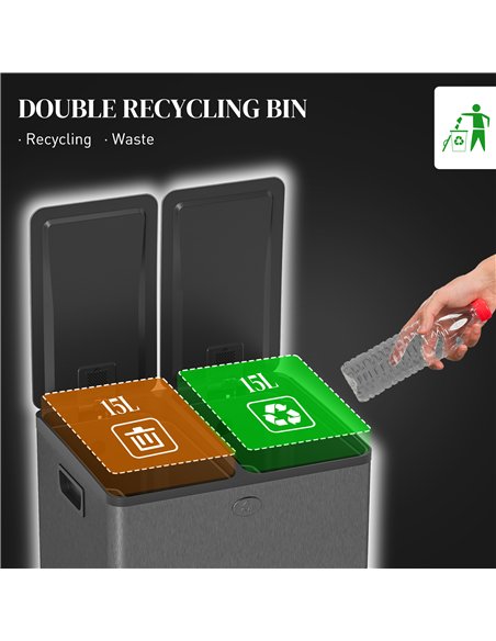 HOMCOM 30L Dual Compartment Stainless Steel Bin, with Deodoriser Holders - Black