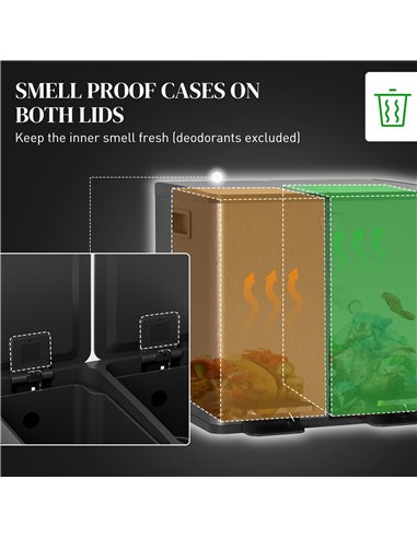 HOMCOM 30L Dual Compartment Stainless Steel Bin, with Deodoriser Holders - Black