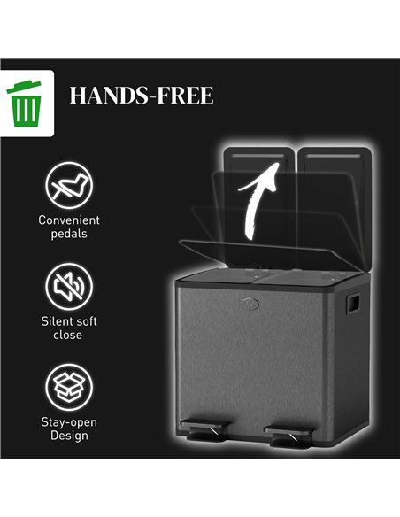 HOMCOM 30L Dual Compartment Stainless Steel Bin, with Deodoriser Holders - Black