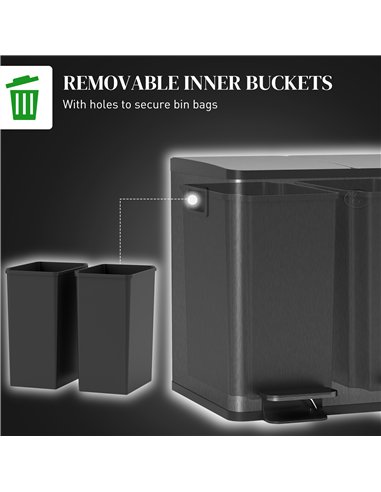HOMCOM 30L Dual Compartment Stainless Steel Bin, with Deodoriser Holders - Black