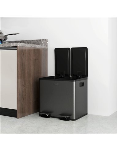 HOMCOM 30L Dual Compartment Stainless Steel Bin, with Deodoriser Holders - Black