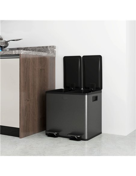 HOMCOM 30L Dual Compartment Stainless Steel Bin, with Deodoriser Holders - Black