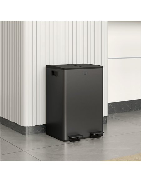 HOMCOM 56L Dual Compartment Stainless Steel Bin, with Deodoriser Holders - Black