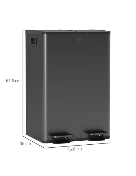 HOMCOM 56L Dual Compartment Stainless Steel Bin, with Deodoriser Holders - Black