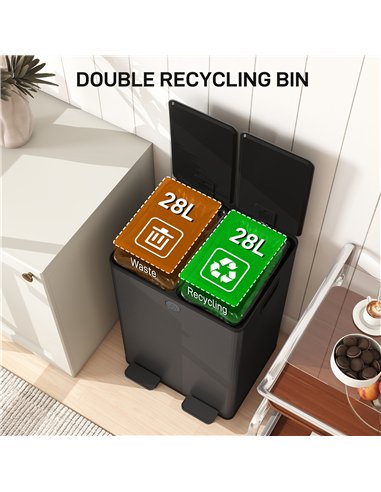 HOMCOM 56L Dual Compartment Stainless Steel Bin, with Deodoriser Holders - Black