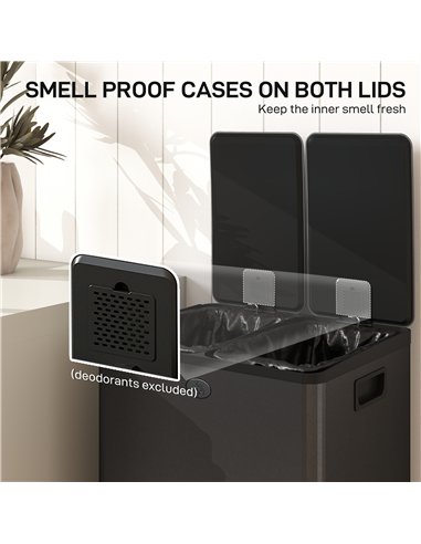 HOMCOM 56L Dual Compartment Stainless Steel Bin, with Deodoriser Holders - Black