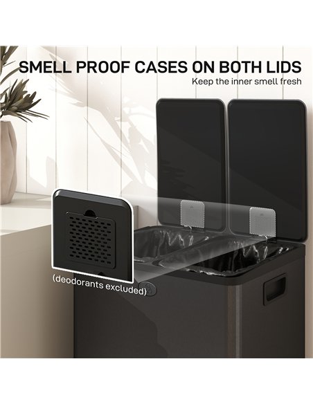 HOMCOM 56L Dual Compartment Stainless Steel Bin, with Deodoriser Holders - Black