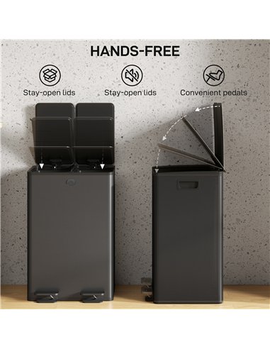 HOMCOM 56L Dual Compartment Stainless Steel Bin, with Deodoriser Holders - Black