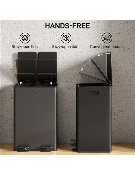 HOMCOM 56L Dual Compartment Stainless Steel Bin, with Deodoriser Holders - Black