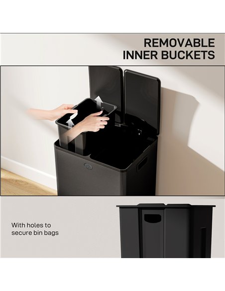 HOMCOM 56L Dual Compartment Stainless Steel Bin, with Deodoriser Holders - Black