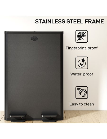 HOMCOM 56L Dual Compartment Stainless Steel Bin, with Deodoriser Holders - Black