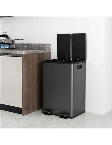 HOMCOM 56L Dual Compartment Stainless Steel Bin, with Deodoriser Holders - Black
