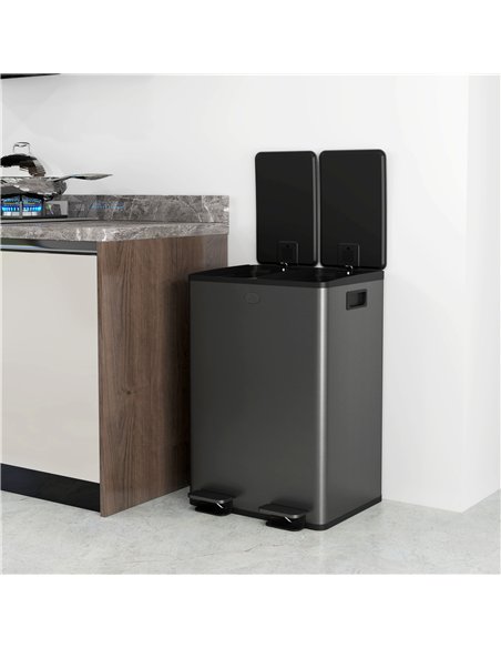 HOMCOM 56L Dual Compartment Stainless Steel Bin, with Deodoriser Holders - Black