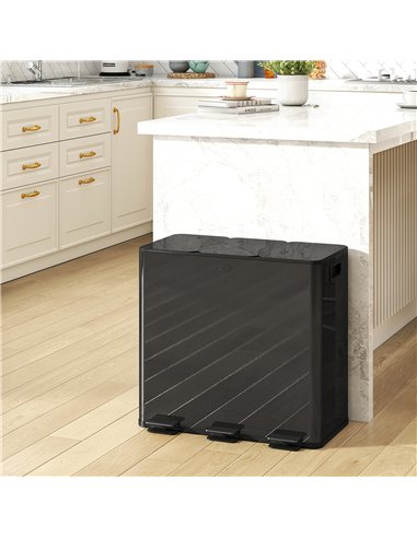 HOMCOM 3 x 20L Pedal Bin, Steel Triple Kitchen Bin with Soft Close Lid, Removable Inner Buckets, Fingerprint-Proof, Black