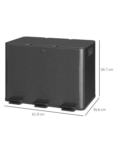 HOMCOM 3 x 20L Pedal Bin, Steel Triple Kitchen Bin with Soft Close Lid, Removable Inner Buckets, Fingerprint-Proof, Black
