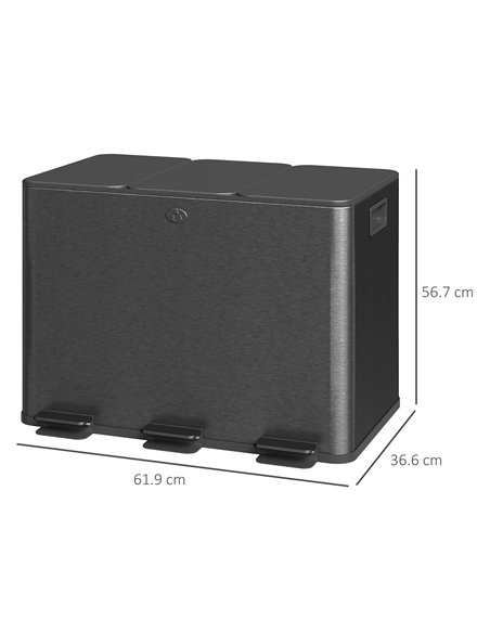 HOMCOM 3 x 20L Pedal Bin, Steel Triple Kitchen Bin with Soft Close Lid, Removable Inner Buckets, Fingerprint-Proof, Black