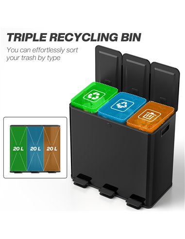 HOMCOM 3 x 20L Pedal Bin, Steel Triple Kitchen Bin with Soft Close Lid, Removable Inner Buckets, Fingerprint-Proof, Black
