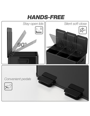 HOMCOM 3 x 20L Pedal Bin, Steel Triple Kitchen Bin with Soft Close Lid, Removable Inner Buckets, Fingerprint-Proof, Black
