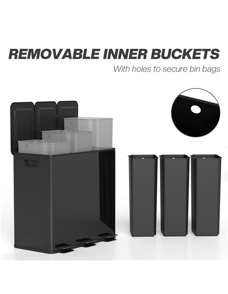 HOMCOM 3 x 20L Pedal Bin, Steel Triple Kitchen Bin with Soft Close Lid, Removable Inner Buckets, Fingerprint-Proof, Black