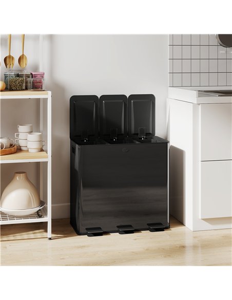 HOMCOM 3 x 20L Pedal Bin, Steel Triple Kitchen Bin with Soft Close Lid, Removable Inner Buckets, Fingerprint-Proof, Black