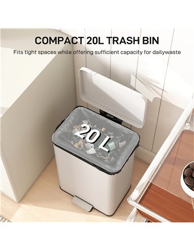 HOMCOM 20L Kitchen Bin with Soft-Close Lid and Stay-Open Function, Pedal Bin with Removable Inner Bucket for Kitchen, Office, Ho