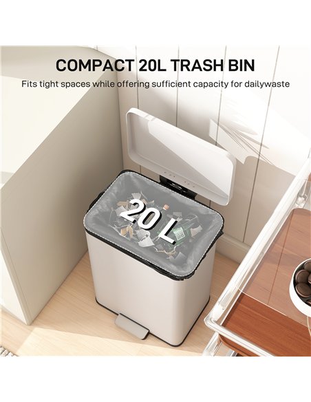 HOMCOM 20L Kitchen Bin with Soft-Close Lid and Stay-Open Function, Pedal Bin with Removable Inner Bucket for Kitchen, Office, Ho