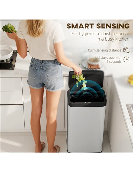 HOMCOM 45L Stainless Steel Sensor Bin - Silver Tone