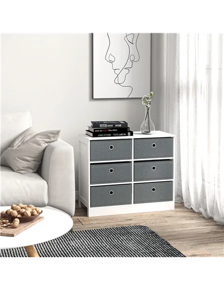 HOMCOM Chests of Drawer, Fabric Dresser Storage Cabinet with 6 Drawers for Bedroom, Living Room and Hallway, White and Grey
