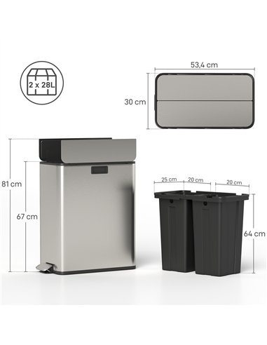 HOMCOM Dual Kitchen Bin with Soft-Close Butterfly Lid, 2 x 28L Stainless Steel Pedal Bin with Removable Inner Buckets, Fingerpri