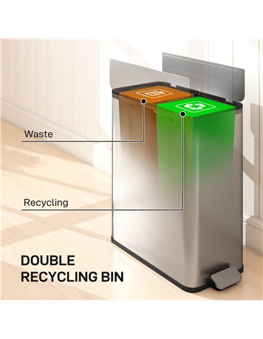 HOMCOM Dual Kitchen Bin with Soft-Close Butterfly Lid, 2 x 28L Stainless Steel Pedal Bin with Removable Inner Buckets, Fingerpri